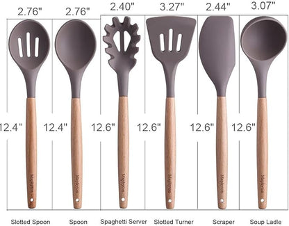 Mapthon Silicone Cooking Kitchen Utensils Set 6 PCS with Wooden Handle for Non-Sticker Cookware Heat-Resistant Kitchen Gadgets Serving Spoons, Slotted Turner, Spatula, Spaghetti Server(Grey)