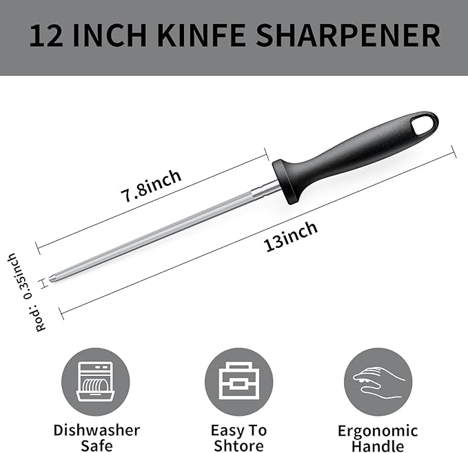 Knife Sharpener Rod, 13 Inch Carbon Steel Honing Steel for Kitchen Knives, Professional Magnetized Sharpening Stick with Nickel-Chrome Plating, Easy Grip Tool for Chef Knives - Image 3