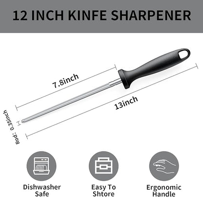 Knife Sharpener Rod, 13 Inch Carbon Steel Honing Steel for Kitchen Knives, Professional Magnetized Sharpening Stick with Nickel-Chrome Plating, Easy Grip Tool for Chef Knives - Image 3