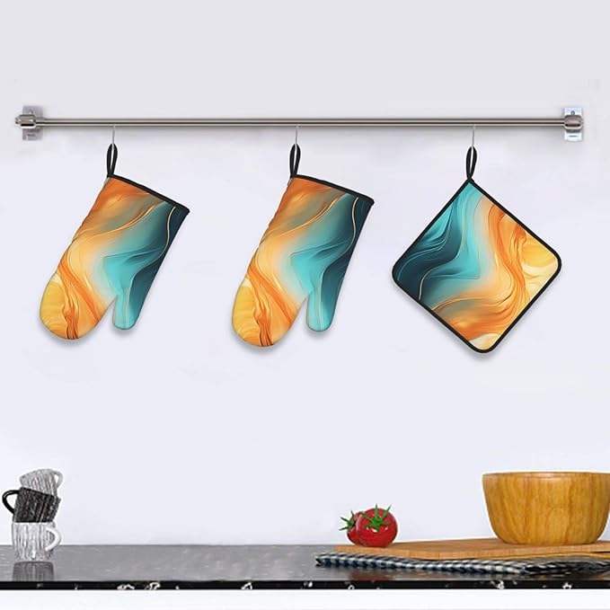 Orange Teal Marble Oven Mitts and Pot Holders Sets of 3 Kitchen Hot Pads Modern Oven Gloves Heat Resistant Washable for Cooking Grilling Baking Holiday Kitchen Decor - Image 6
