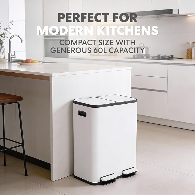 Simpli-Magic 60 Liter / 16 Gallon Rectangular Hands-Free Dual Compartment Recycling Kitchen Step Trash Can with Soft-Close Single Lid, Stainless Steel (30L x 30L Capacity) White - Image 6