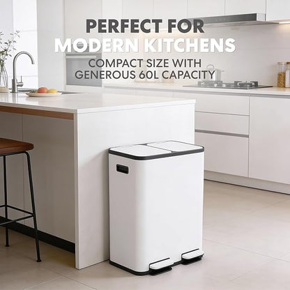 Simpli-Magic 60 Liter / 16 Gallon Rectangular Hands-Free Dual Compartment Recycling Kitchen Step Trash Can with Soft-Close Single Lid, Stainless Steel (30L x 30L Capacity) White - Image 6