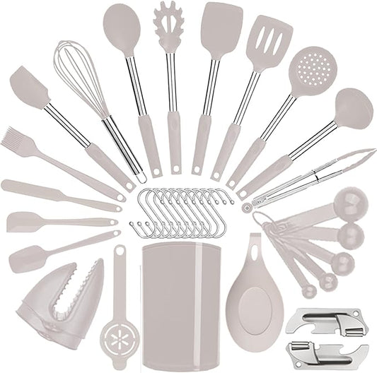 Silicone Kitchen Cooking Utensils Set with Stainless Steel Handle, Spatula Set Utensil Set, Cooking Utensil Set,Kitchen Tools Gadgets for Nonstick Cookware (35, Khaki) by BECBOLDF