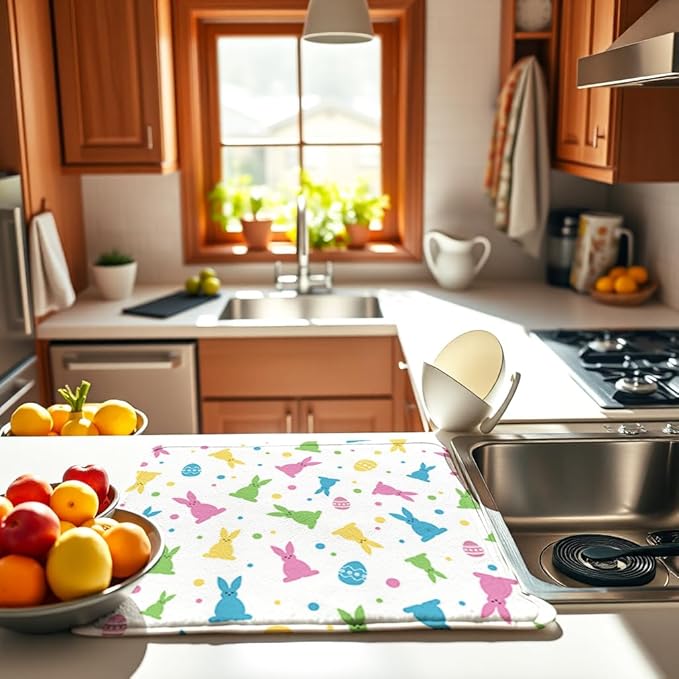 Easter Dish Drying Mat for Kitchen Counter 18" X 24" Microfiber Absorbent, Small & Compact Red Kitchen Draining Mat for Countertops Dish Drainer Mat Drying Pad Foldable Utensils, and Cookware - Image 6