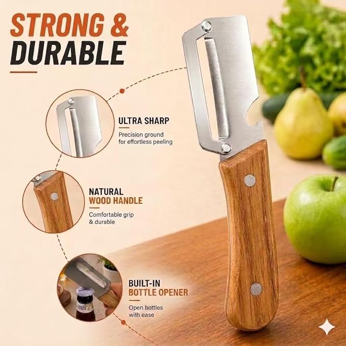 2-Pack Vegetable Peeler with Bottle Opener, Thickened Stainless Steel Wide Blade for Smooth Peeling, Wooden Handle Kitchen Peeler for Fruits & Vegetables