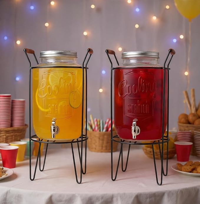 2 PACK-2 GALLON Drink Dispensers for Parties - Cooling Station Beverage Dispensers with Stand, Glass Water Jug Dispenser, 100% Leakproof Spigot Perfect For And Daily Use