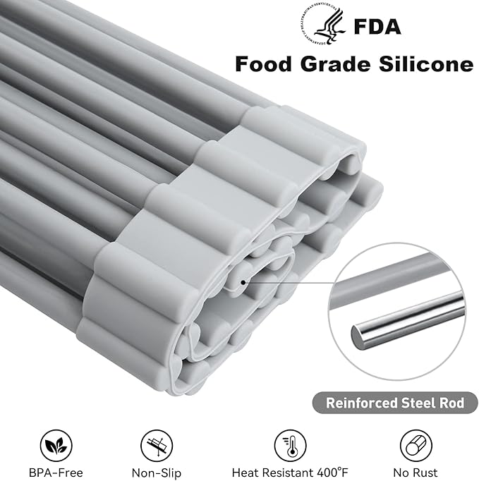 MERRYBOX Roll Up Dish Drying Rack, Silicone Wrapped Over The Sink Dish Rack Foldable Dish Drainer Anti-Slip Dish Racks for Kitchen Counter, Multipurpose Kitchen Sink Drying Rack, 18" x 13", Light Gray - Image 5