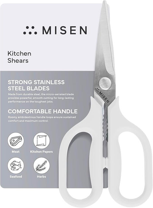 Misen Heavy Duty Kitchen Shears - Comfortable Ambidextrous Scissors for Meat, Poultry, Herbs & More - Easy to Clean - German Stainless Steel - Small | White by Misen