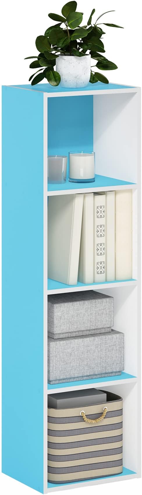 Furinno PASIR Book Shelf, 4-Tier Modern Bookshelf, Open Shelves Bookcase 9 x 12 x 42, Easy Assembly, for Living Room, Bedroom, Home Office, Light Blue/White by Furinno-FitsYourSpaceFitsYourBudget