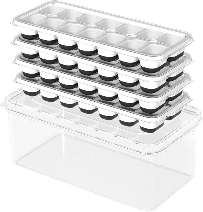 DclobTop Ice Cube Trays with Lid and Bin, Ice Trays for Freezer - Easy to Release Silicone Mold, Stackable Reusable Plastic Molds for Cocktails, Whiskey, Drinks and Iced Coffee, BPA-Free by DclobTop