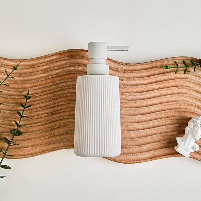 Small Soap Dispenser for Bathroom and Kitchen, Modern Farmhouse Striped Style Plastic Hand Soap Dish Soap Dispenser with Pump Matte Beige - Image 5
