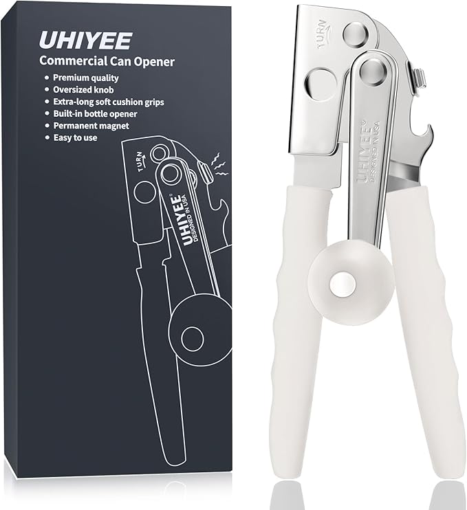 Commercial Can Opener, UHIYEE Hand Crank Can Opener Manual Heavy Duty with Comfortable Extra-long Handles, Oversized Knob, Large Handheld Can Open Easy for Big Cans, White - Image 8