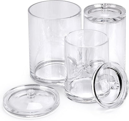 Hipiwe Clear Acrylic Cotton Swab Holder Preminm Quality Round Container Cotton Pad Q-tip Organize Case for Make Up Brush Clear Apothecary Jar