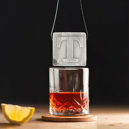 Monogrammed Ice Cubes Mold with Lid, 2 inch Whiskey Ice Cube Tray, Personalized Initials Silicone Cocktail Ice Cube Mold, Wedding Monogram, Thank You Gift, Gifts for Dad (Letter T)