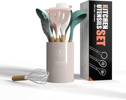 Silicone Cooking Utensils Set - 446°F Heat Resistant Silicone Kitchen Utensils for Cooking,Kitchen Utensil Spatula Set w Wooden Handles and Holder, BPA FREE Gadgets for Non-Stick Cookware (Colorful) - Image 6