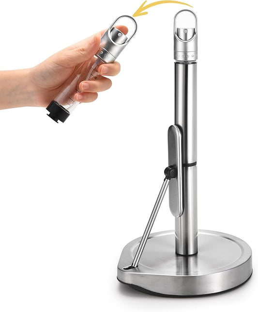 Paper Towel Holder with Spray Bottle for Kitchen Decor and Accessories - Paper Towel Holder Countertop for Kitchen Necessities - Freestanding Paper Towel Holders with Spray Pump for Home Necessities