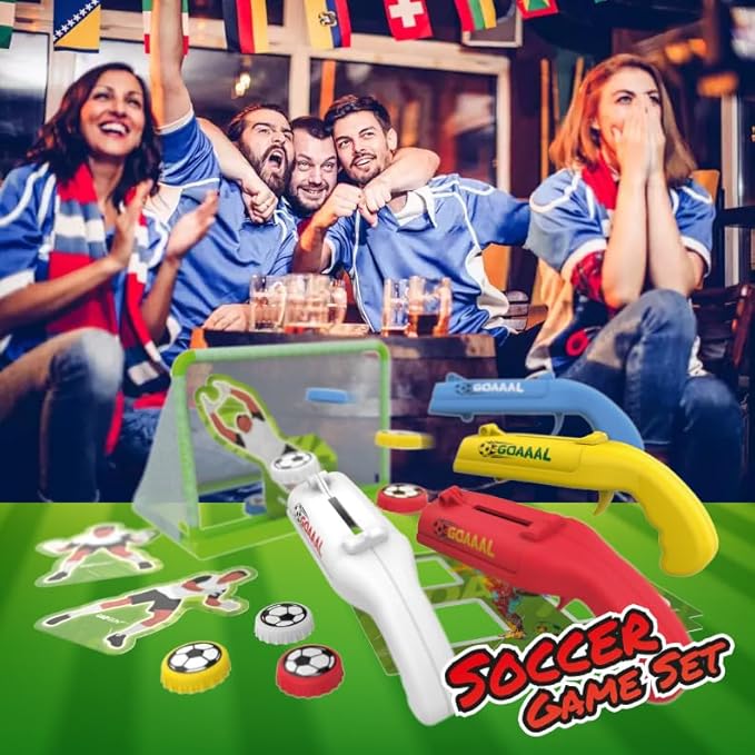 Cap Shooting Bottle Opener Gun - Launches Caps for World Cup Parties, BBQs & Adult Gatherings, Fun Gadget for Men, Unique Gag Gift for Sports Events (Blue red white yellow)
