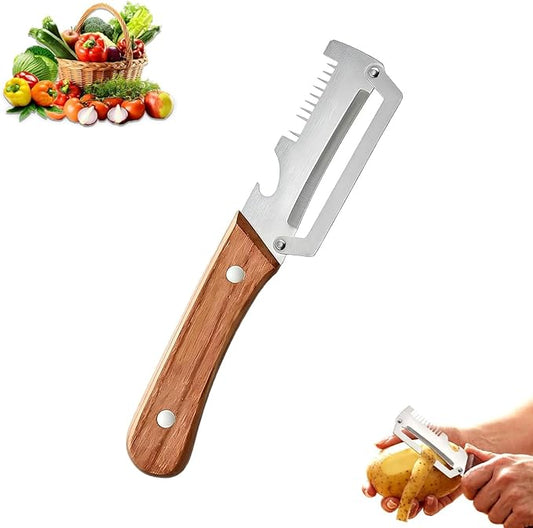 Multi-Functional Vegetable Peeler, 3 in 1 Multi Functional Wooden Handle Peeler and Bottle Opener,Kitchen Gadgets Tool，Grater & Bottle Opener for Potato, Carrot, Apple, Fruit & Vegetable (1pcs)
