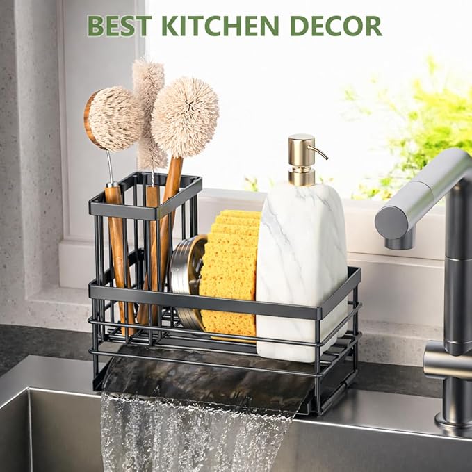 Cisily Sink Caddy Sponge Holder for Kitchen with Brush Holder and Stainless Steel Self Drain Tray, Rustproof Kitchen Sink Organizer for Sponge, Soap Dispenser Storage Accessories (Gray) - Image 5