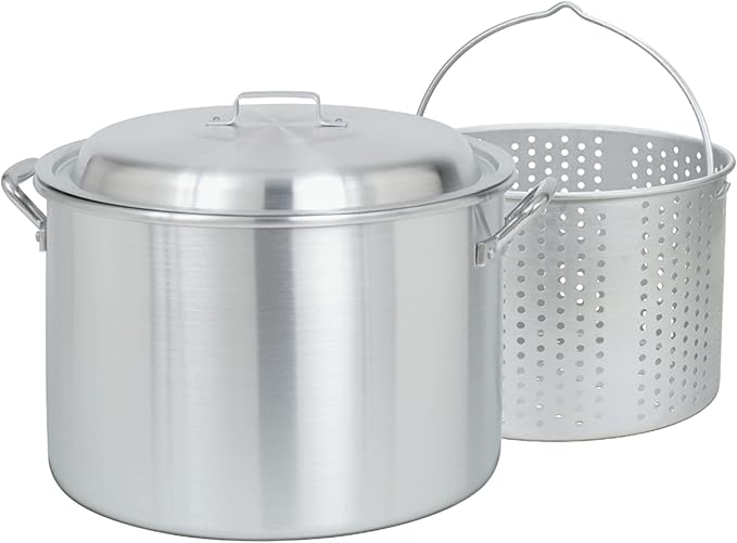Bayou Classic 4020-20-Qt Aluminum Stockpot with Basket - Domed Lid, Riveted Handles, Perforated Basket