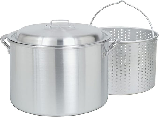 Bayou Classic 4020-20-Qt Aluminum Stockpot with Basket - Domed Lid, Riveted Handles, Perforated Basket