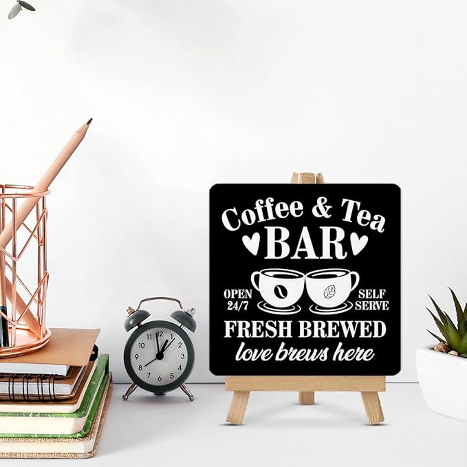 Coffee Tea Bar Decor, Coffee and Tea Bar Wood Sign with Easel Home Kitchen Desk Shelf Table Tiered Tray Decorations - Image 5