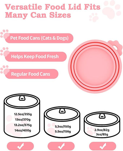 6 PCS Cat Food Can Covers Set, Reusable Silicone Can Lids with Opener, Stainless Steel Wet Food Spoon & Cat Treat Squeezer for Pet Feeding and Storage, Fits Cats & Dogs (Pink)