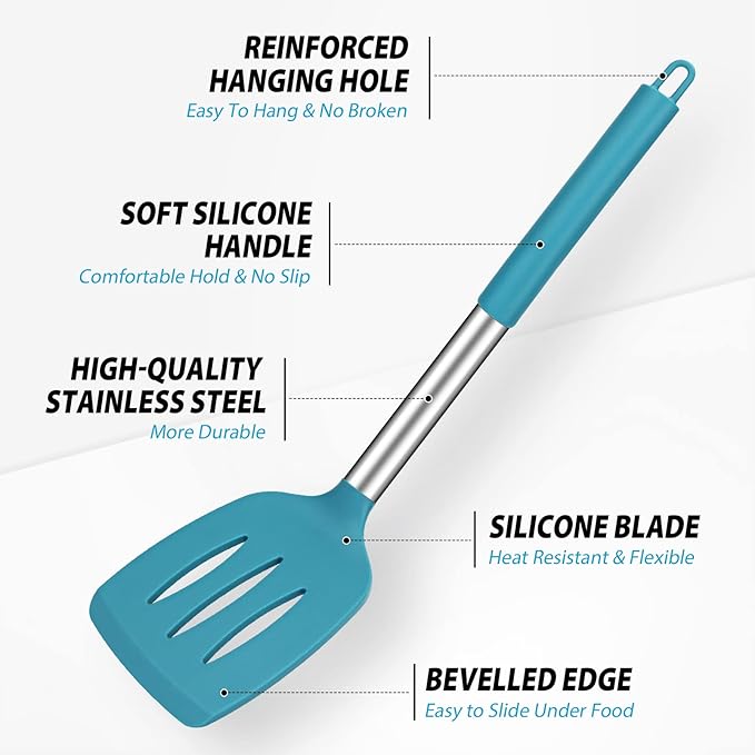 Pack of 4 Large Silicone Cooking Spatulas and Spoons, Slotted and Solid Stainless Steel Cooking Utensils Set, Non-stick Heat Resistant Kitchen for Baking, Fried, Stir-Fry, Mixing, Serving (Blue) - Image 3