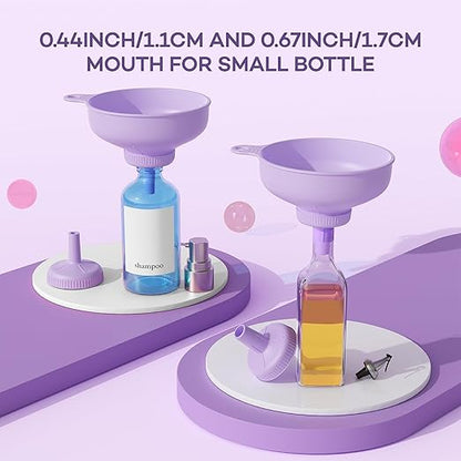 Pisol Wide Mouth Versatile Funnel, Canning Funnels for Kitchen Use, Food Grade Plastic Cooking Funnel Set with 4 Size Spouts and 2 Strainers for Filling Different Bottles and Bags, Purple