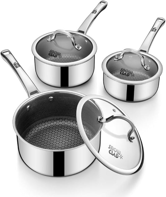 Sauce pan with lid,1.5 Quart & 2.5 Quart & 3.5 Quart Hybrid Nonstick Sauce pans set, Stainless Steel cookware,non stick Pots PFOA Free,Works on Induction,Ceramic and Gas Cooktops by SNOWCLAD