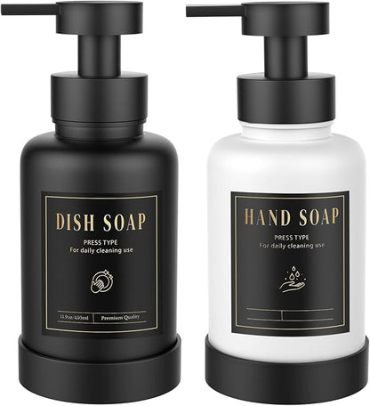 Luxspire Foaming Soap Dispenser, Glass Foam Pump Soap Dispenser, Non-Slip Hand Soap Bottle with 5 Waterproof Labels, 15 Oz Refillable Liquid Soap Bottle for Bathroom & Kitchen, Black+White, 2 Pack