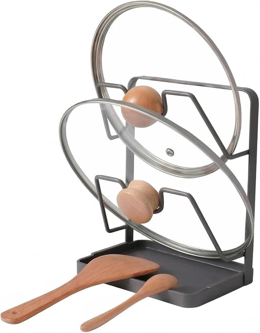 Space-Saving Carbon Steel Pot Lid Holder While Cooking, Double-Layer Kitchen Pot Lid Storage Rack with Removable Drip Tray, Countertop Vertical pan lid organizer for pots and pans(Dark Grey)