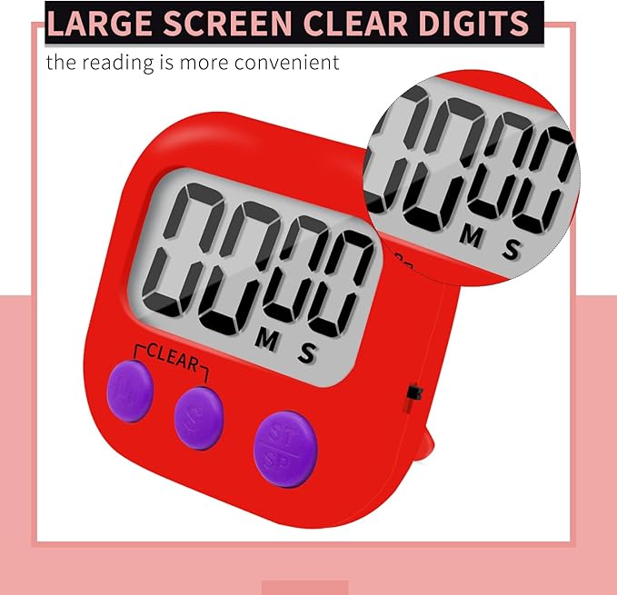 6 Pack Small Digital Kitchen Timer Magnetic Back and ON/Off Switch,Minute Second Count Up Countdown (Red) - Image 4