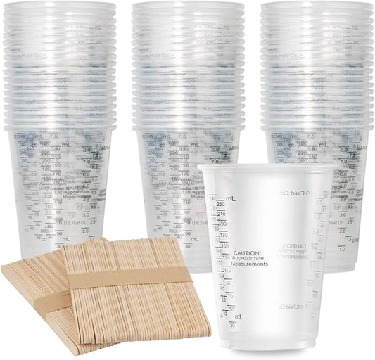 XUXU 100pcs 8oz Graduated Clear Plastic Measuring Cups with 100pcs Wooden Stirring Sticks for Mixing Paint, Pigments, Epoxy Resins, Resins by XUXU