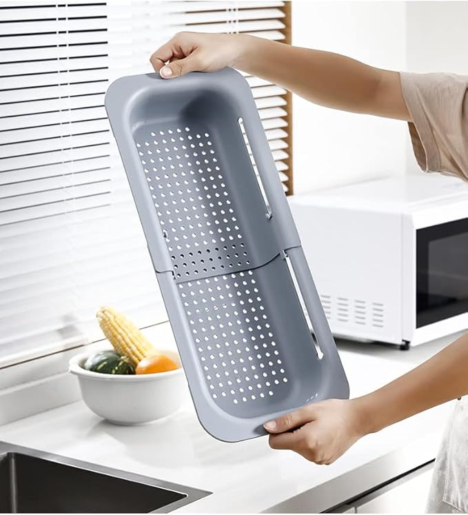 Expandable Over Sink Strainer for Kitchen Sink, Adjustable Sink Colander Basket, Kitchen Sink Strainer for Washing Fruits, Vegetables, Dishes & Utensils, Space Saving Drain Basket, Gray