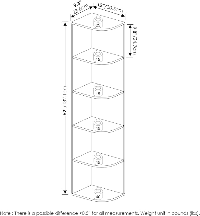 Furinno PASIR Book Shelf, 5-Tier Corner Bookshelf with Open Shelf, Standing Bookcase, 9.3 x 12 x 51.7, for Organization and Storage, for Living Room, Bedroom, Home Office, French Oak - Image 3