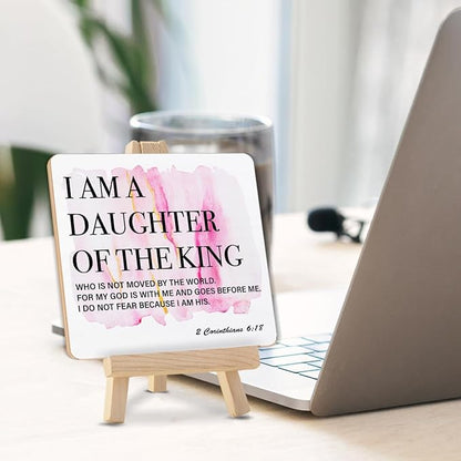 I Am the Daughter of a King Sign, Gifts for Daughter Christian Desk Decor, 2 Corinthians 6:18 Bible Verses Wood Sign with Easel Home Bedroom Girl Nursery Desk Shelf Tabletop Decor - Image 3