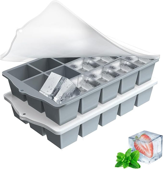 Ice Cube Trays for Freezer, 2 Pack Easy Release Slicone Ice Cube Tray with Lid, BPA Free Stackable Flexible Ice Molds 15 Square Reusable Ice Cubes for Whiskey, Baby Food, Iced Coffee (Grey) by Unknown