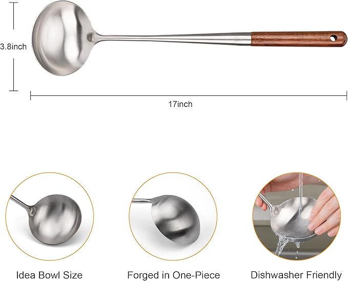 FJNATINH Soup Ladle, Metal Ladle Stainless Steel for Soup Sauces, Kitchen Ladle Spoon with Heat-proof Wooden Handle, Easy to Clean - Image 2