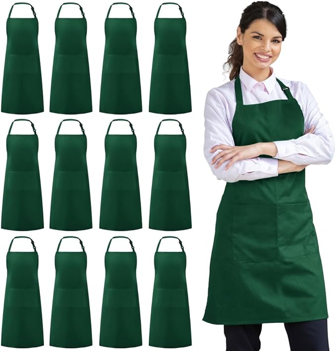 Syntus 12 Pack Bib Apron, Unisex Aprons Adjustable Waterdrop Resistant with 2 Pockets Cooking Kitchen Apron for Chef, BBQ Drawing Apron Bulk, Dark Green by Syntus