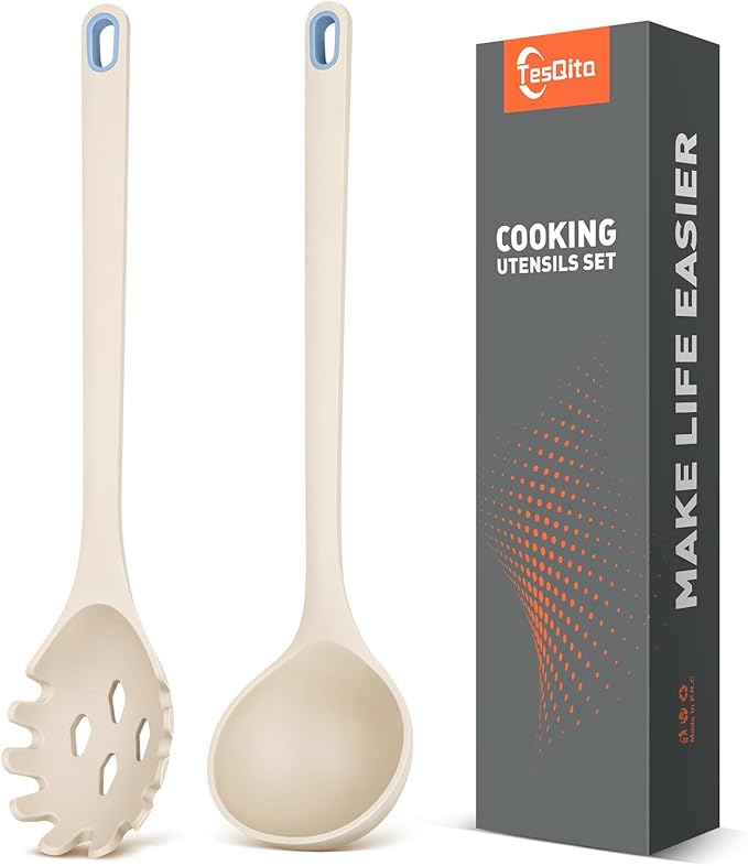 Silicone Spaghetti Spoon&Soup Ladle Cooking Utensils Set of 2,No Scratch for Nonstick Cookware,BPA Free, 450℉ Heat Resistant (KHAKI) by TesQita