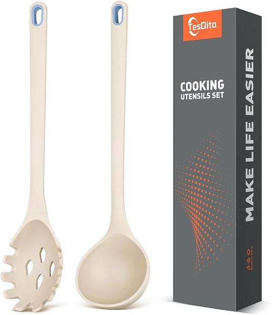 Silicone Spaghetti Spoon&Soup Ladle Cooking Utensils Set of 2,No Scratch for Nonstick Cookware,BPA Free, 450℉ Heat Resistant (KHAKI) by TesQita