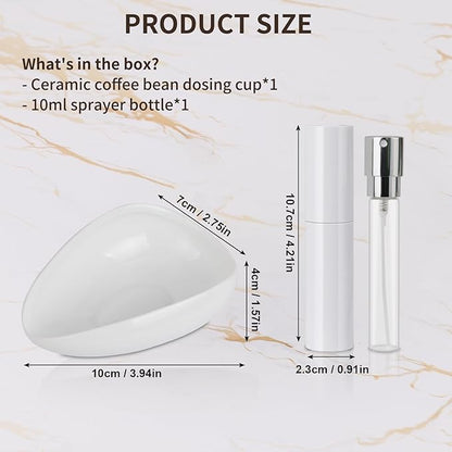 Coffee Bean Dosing Cup and Spray Bottle Kit - Ceramic Single Dosing Tray, Static Reducing Spray (White)