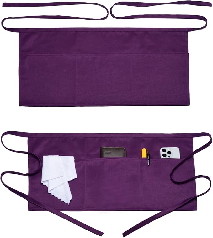 Argstar 2 Pack Server Apron with 4 Pockets, Waitress Waiter Waist WaterDrop Resistant Short Aprons