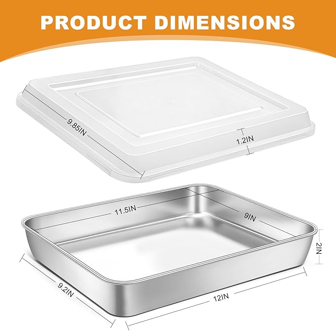 Stainless Steel Baking Pan with Lid, 12⅓ x 9¾ x 2 Inch Deep Rectangle Cake Pans with Cover for Cakes, Brownies, Cookies, Deep Side & Heavy Duty,Dishwasher & fridge & Oven Safe(2 Pans + 2 Lids) - Image 2