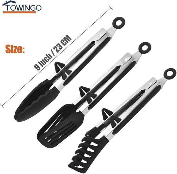 Kitchen Tongs, 9 Inch Tongs for Cooking with Silicone Tips, Food Grade Small Silicone Tong, Mini Serving Tongs for Nonstick Pans, BBQ, Salad, Set of 3, Black - Image 4