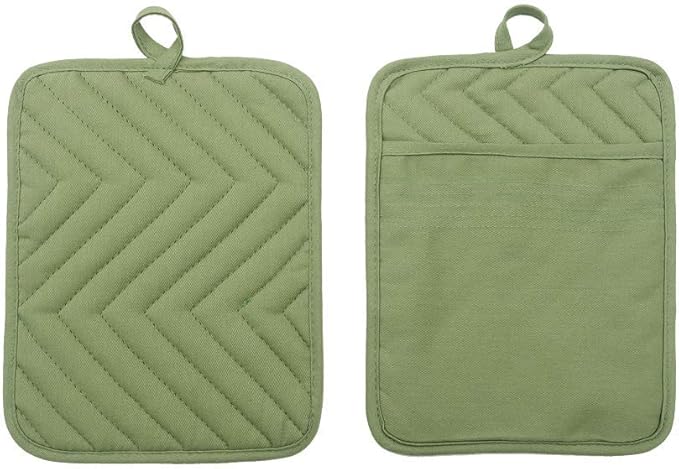 Anyi Heat Resistant Pot Holders, Cotton Hot Pads for Counter & Table, Green with Pocket - Image 3