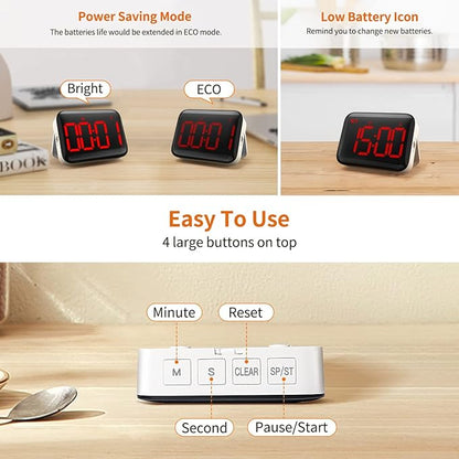 VOCOO Magnetic Kitchen Timer for Cooking with Count Up Countdown, Digital Timer Battery Powered with Large Display, 2 Brightness and Volume Levels for Classroom, Teacher, Kids (Red) - Image 5