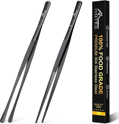 HOTEC Kitchen Tweezers Tongs Stainless Steel Professional Chef Tweezers, Set of 2-12inch Extra-Long Food Tongs for Cooking,Grill and Baking by Hotec