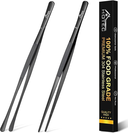 HOTEC Kitchen Tweezers Tongs Stainless Steel Professional Chef Tweezers, Set of 2-12inch Extra-Long Food Tongs for Cooking,Grill and Baking by Hotec